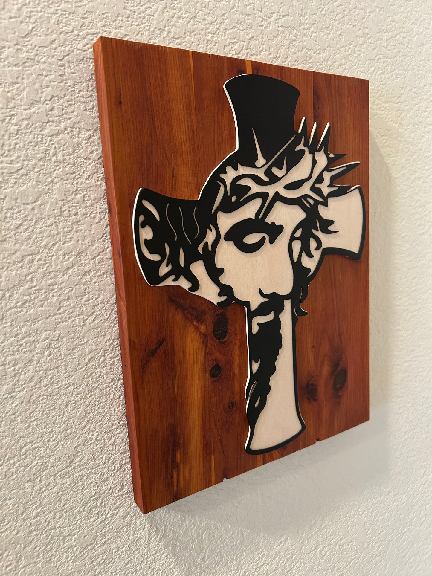 Christ Crucifix in Metal on Beech and Cedar