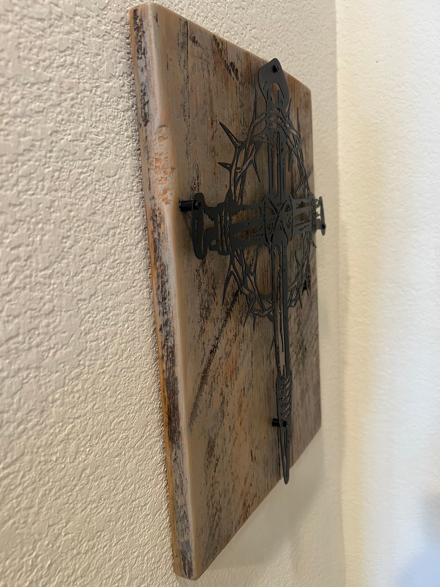 Metal Cross and Crown of Thorns on Reclaimed Texas Barn Wood