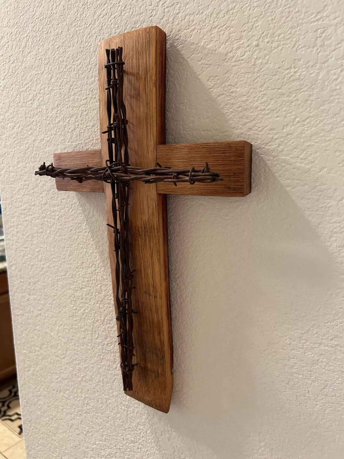 Oak Barrel Stave and Barbed Wire Cross