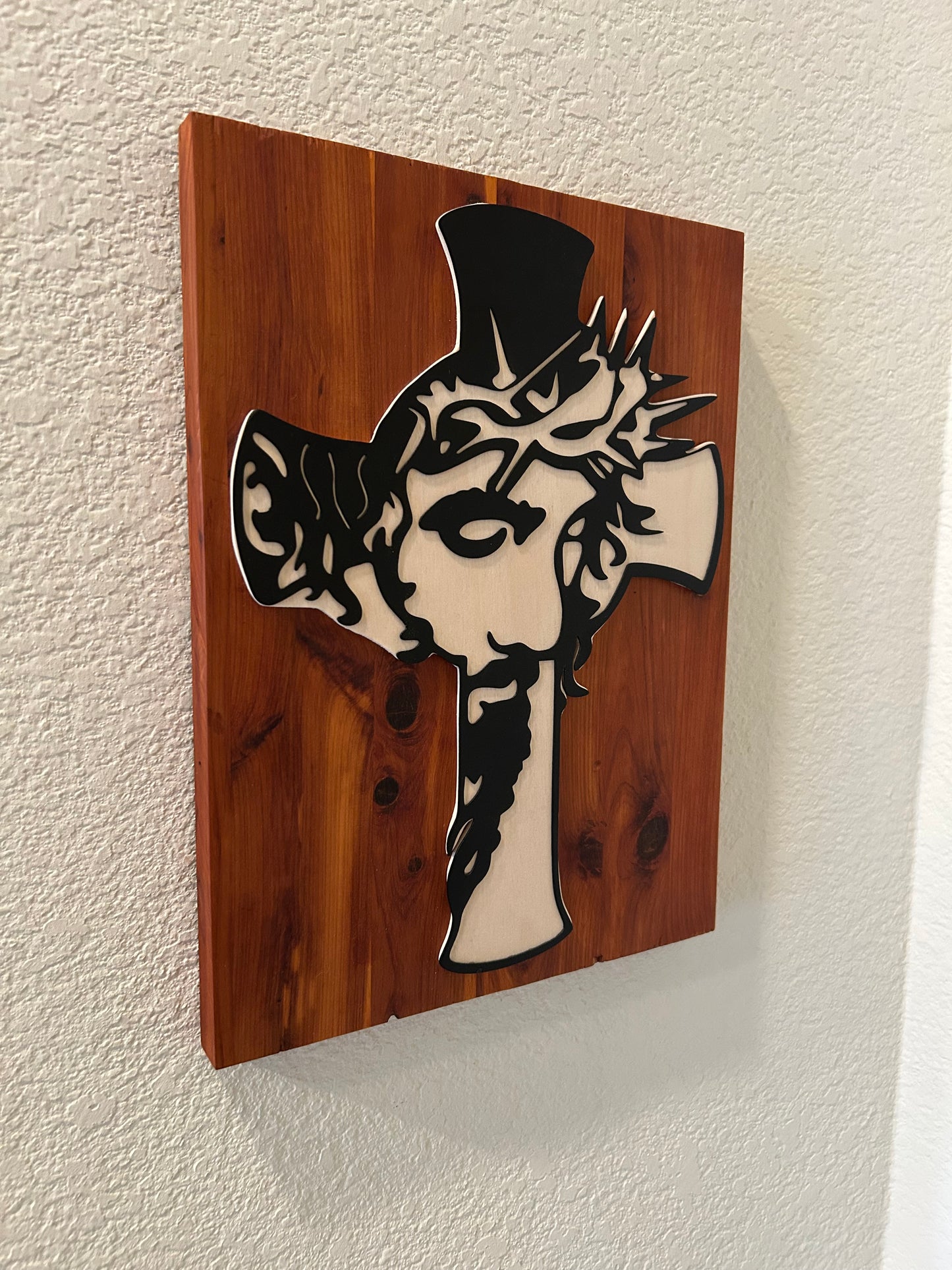 Christ Crucifix in Metal on Beech and Cedar