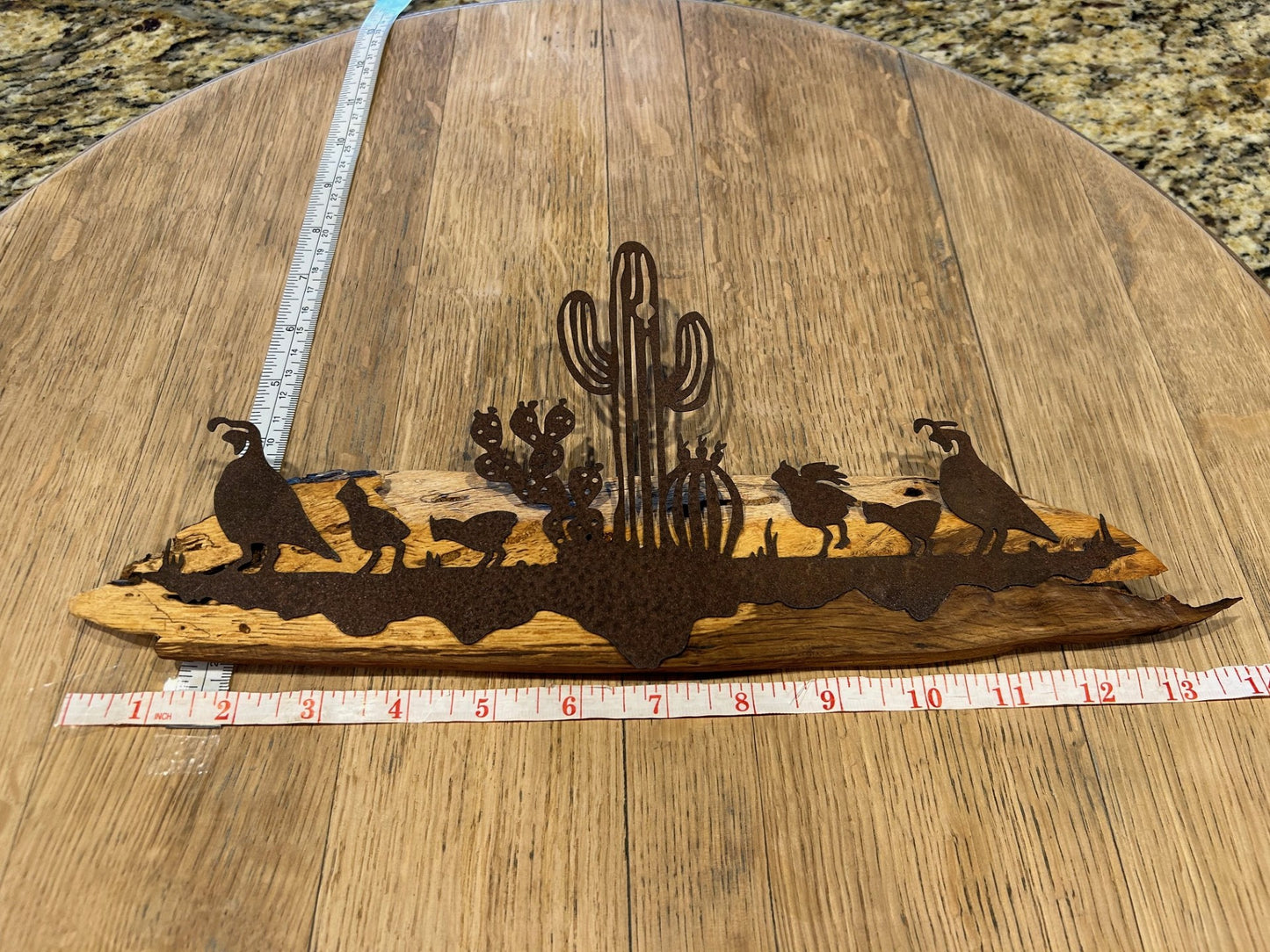 Southwest Quail Scene in Metal on Spalted Pecan