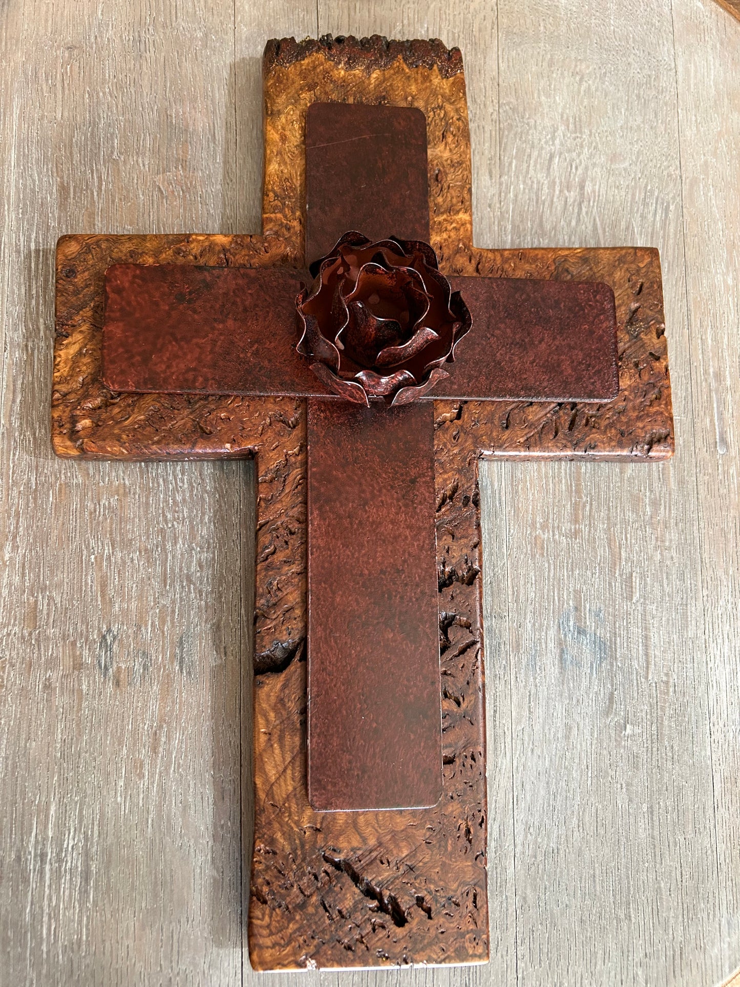 Metal Rose on Spalted Maple Cross