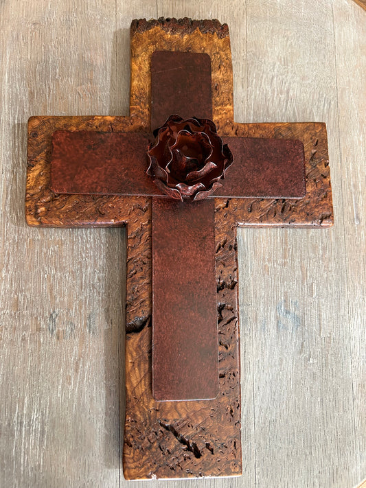 Metal Rose on Spalted Maple Cross