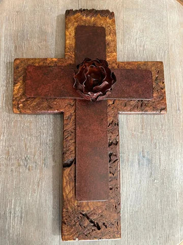 Metal Rose on Spalted Maple Cross