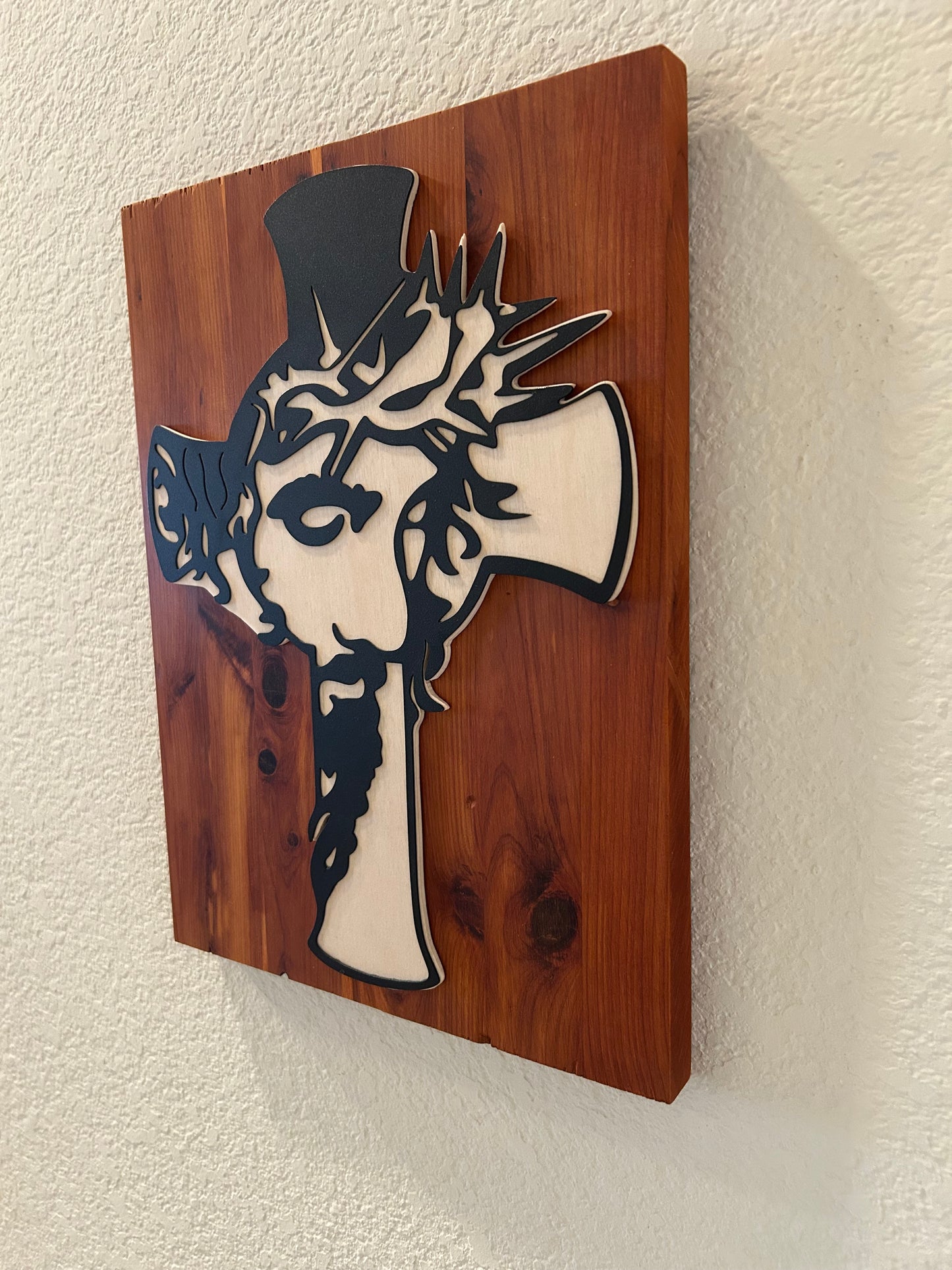 Christ Crucifix in Metal on Beech and Cedar