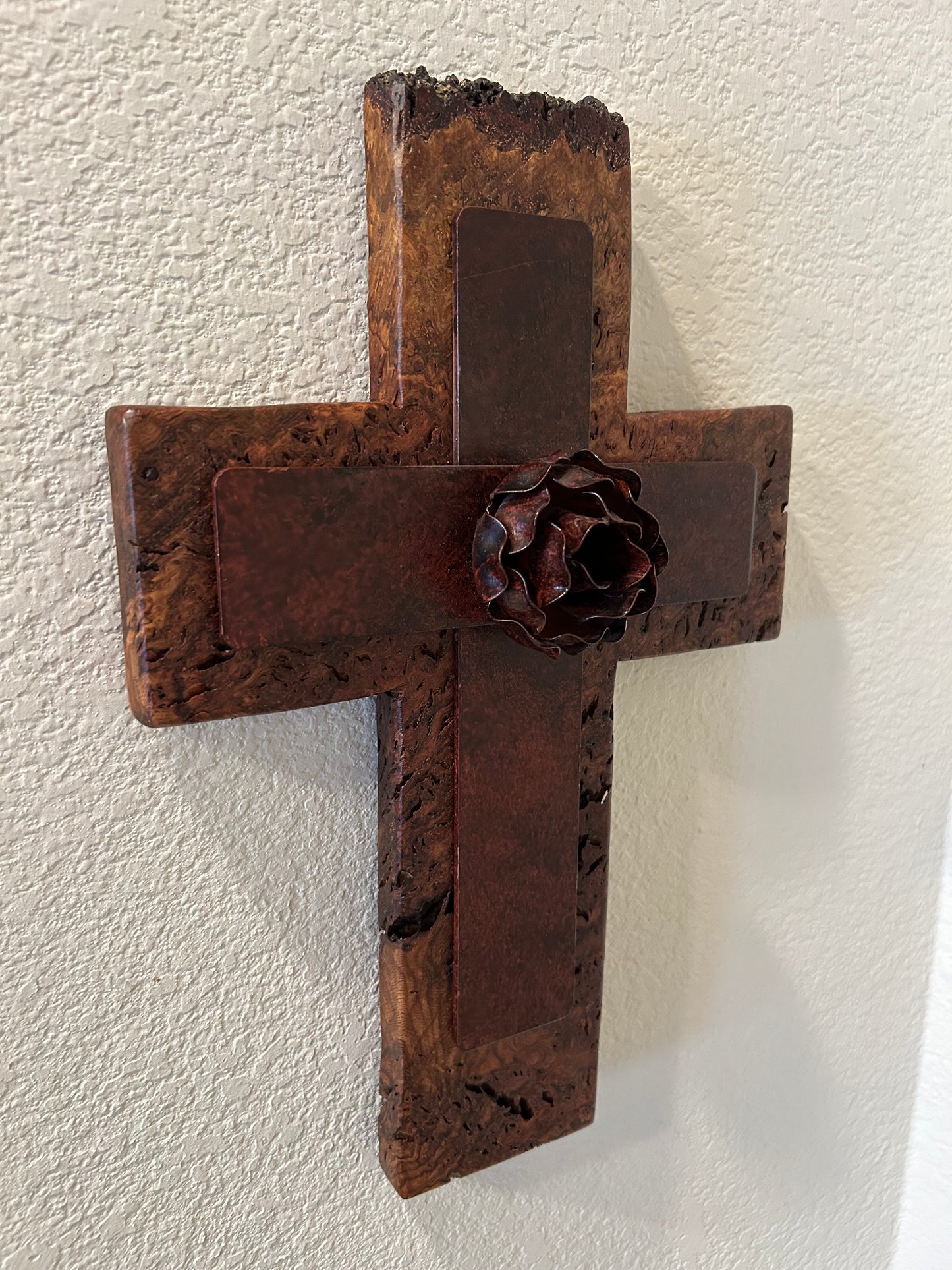 Metal Rose on Spalted Maple Cross