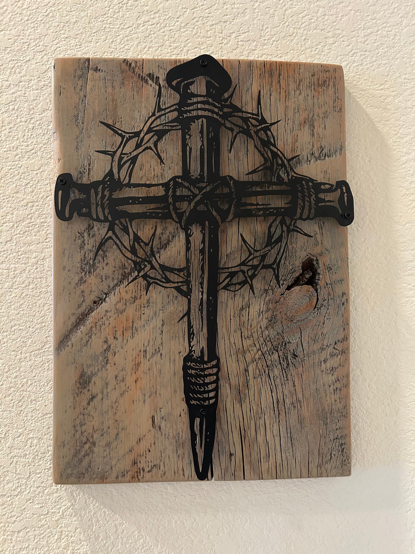 Metal Cross and Crown of Thorns on Reclaimed Texas Barn Wood