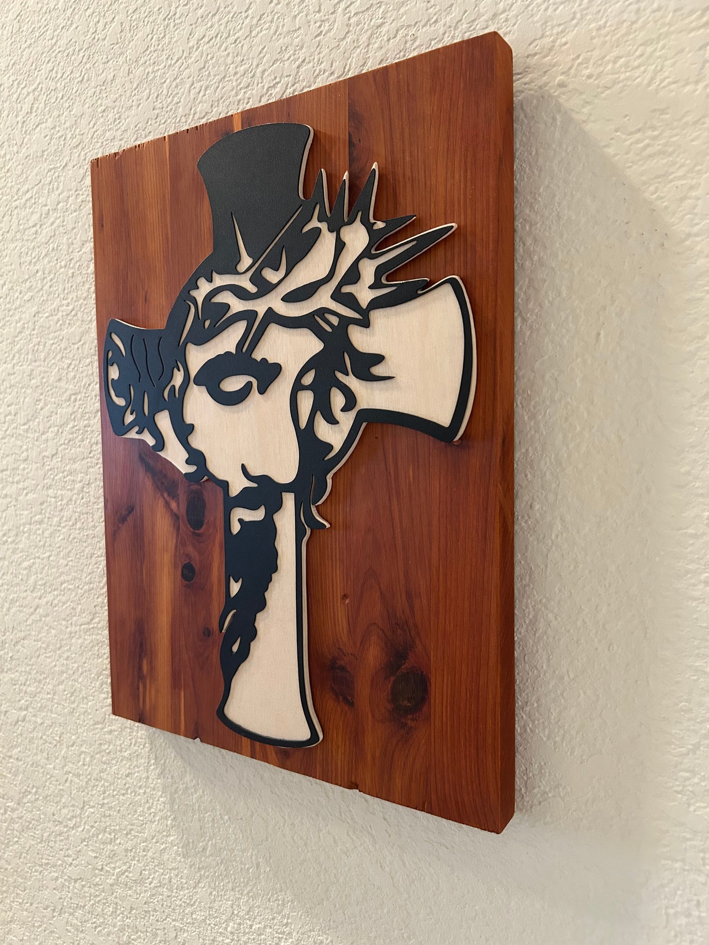 Christ Crucifix in Metal on Beech and Cedar