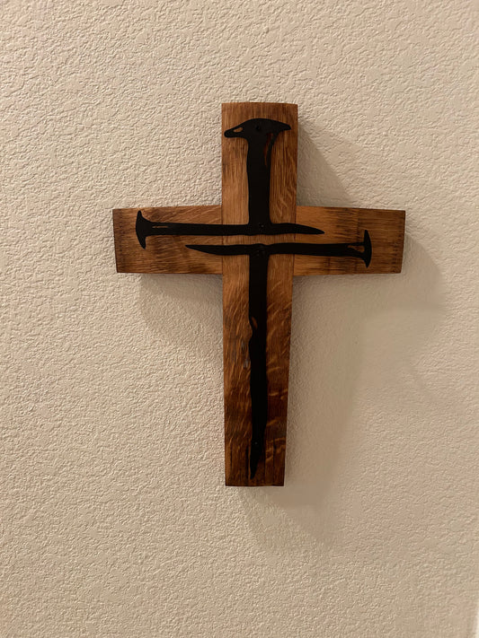 Spiked Metal Cross on Oak Barrel Stave