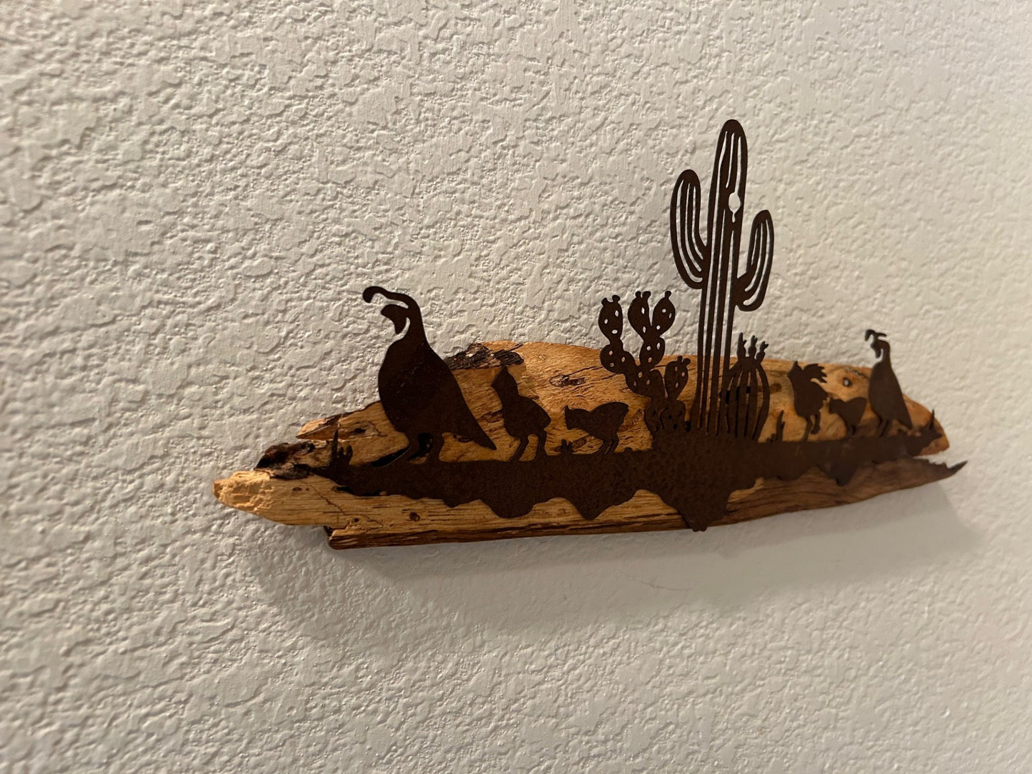 Southwest Quail Scene in Metal on Spalted Pecan