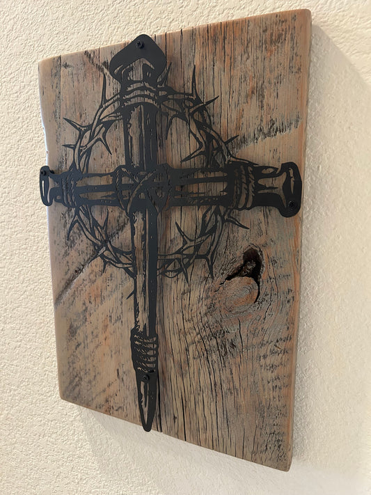 Metal Cross and Crown of Thorns on Reclaimed Texas Barn Wood