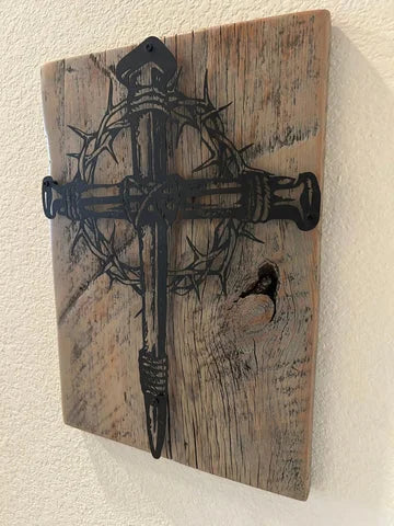 Metal Cross and Crown of Thorns on Reclaimed Texas Barn Wood