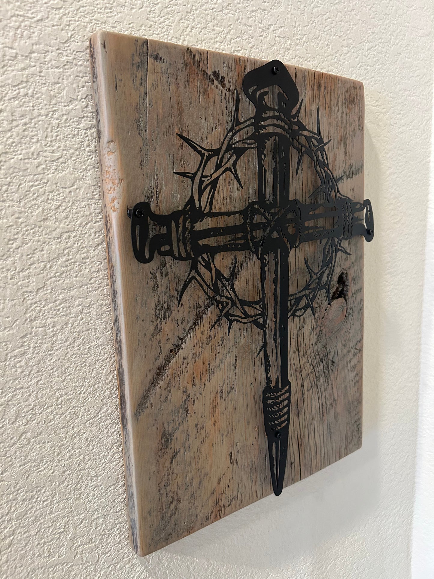 Metal Cross and Crown of Thorns on Reclaimed Texas Barn Wood