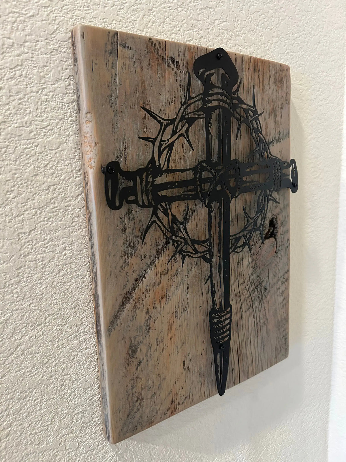 Metal Cross and Crown of Thorns on Reclaimed Texas Barn Wood