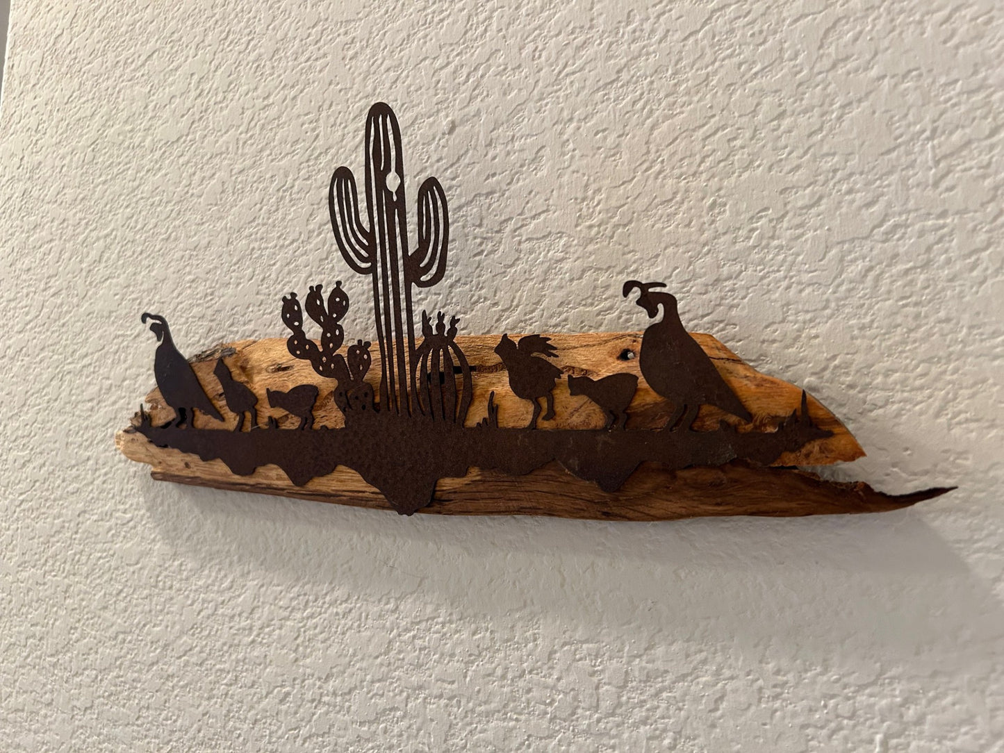 Southwest Quail Scene in Metal on Spalted Pecan