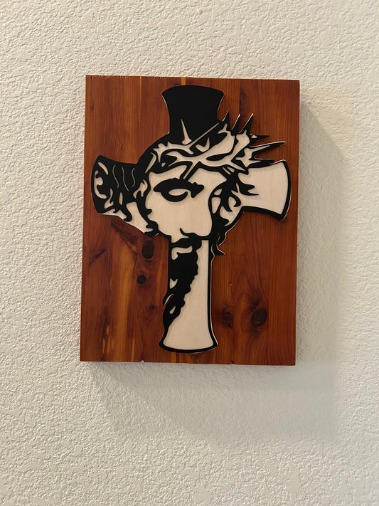 Christ Crucifix in Metal on Beech and Cedar