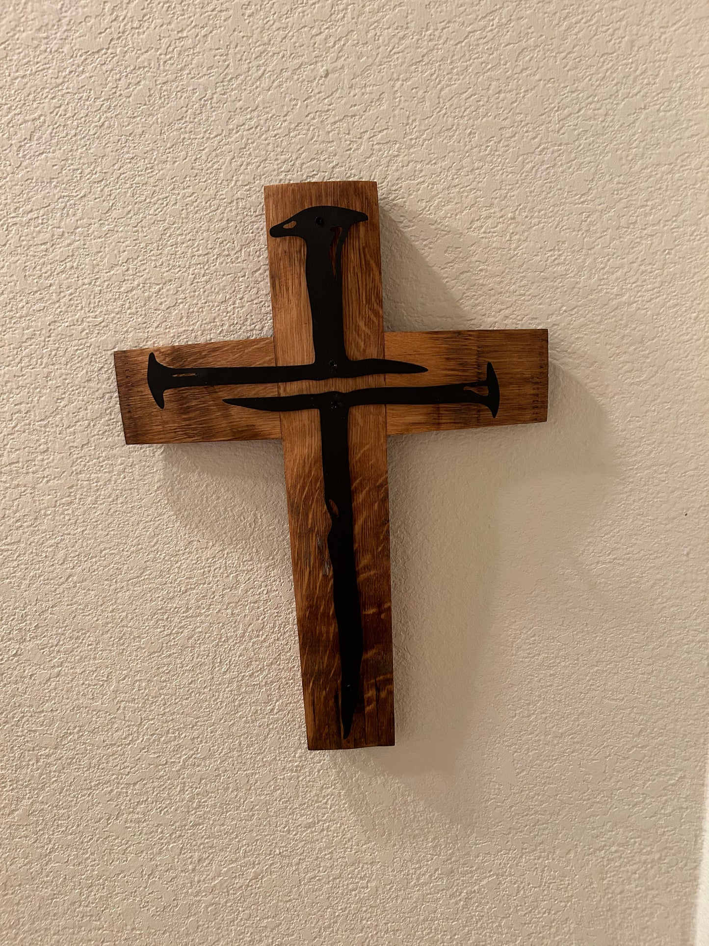 Spiked Metal Cross on Oak Barrel Stave