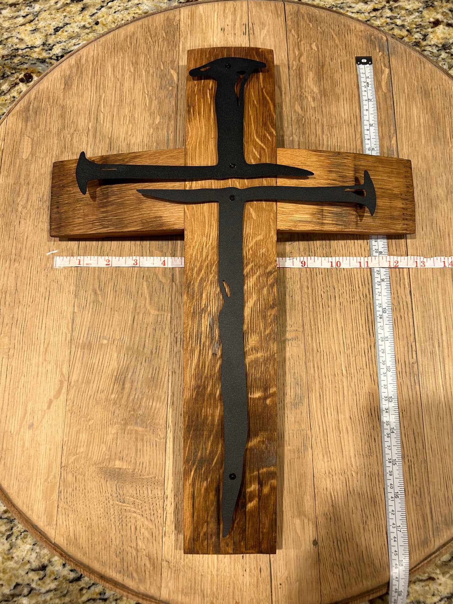 Spiked Metal Cross on Oak Barrel Stave