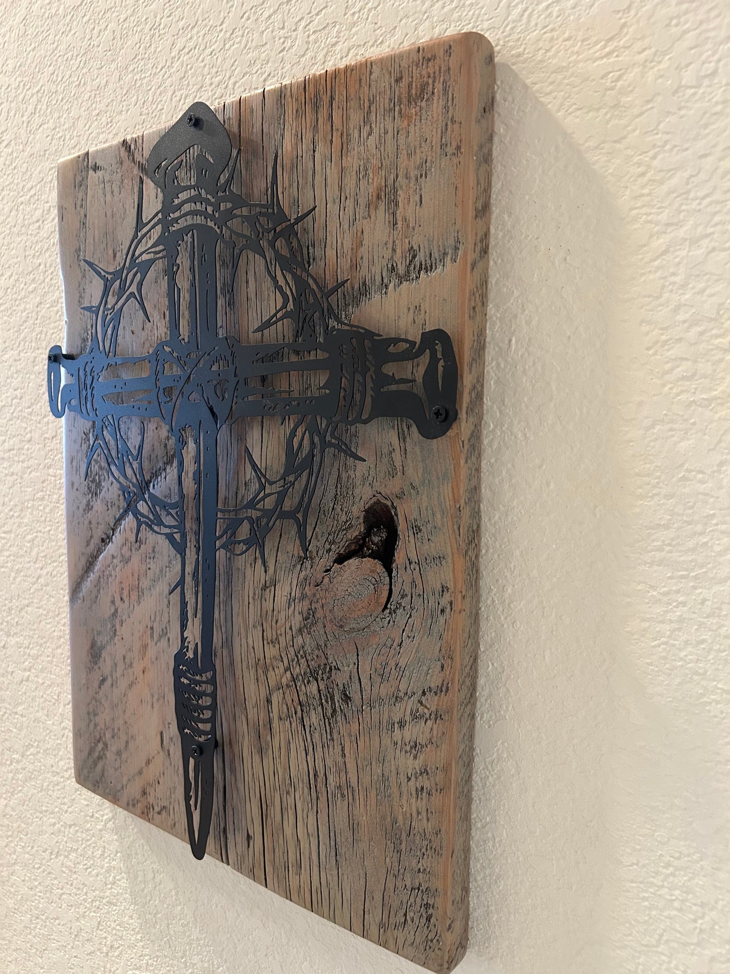Metal Cross and Crown of Thorns on Reclaimed Texas Barn Wood