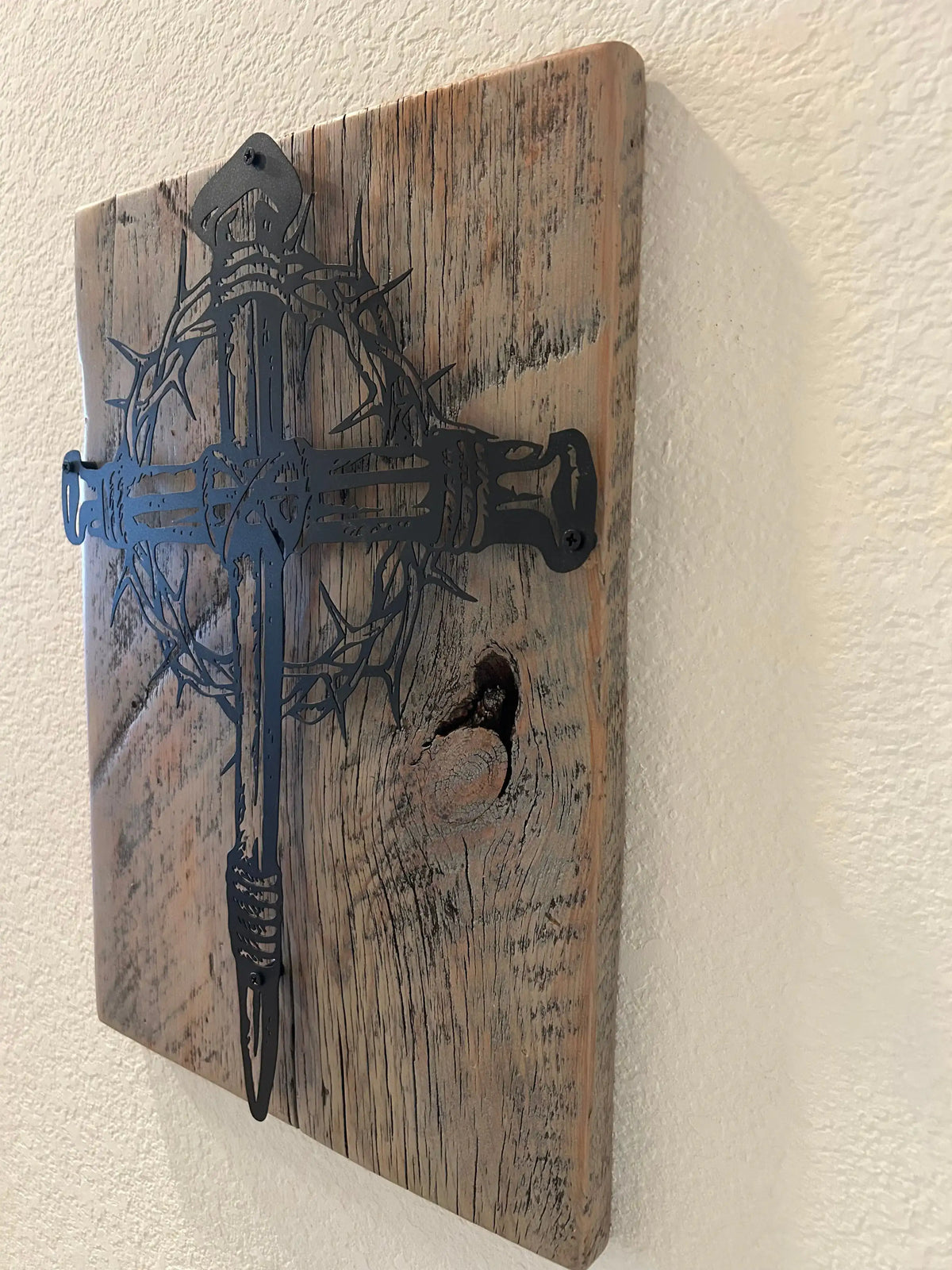 Metal Cross and Crown of Thorns on Reclaimed Texas Barn Wood