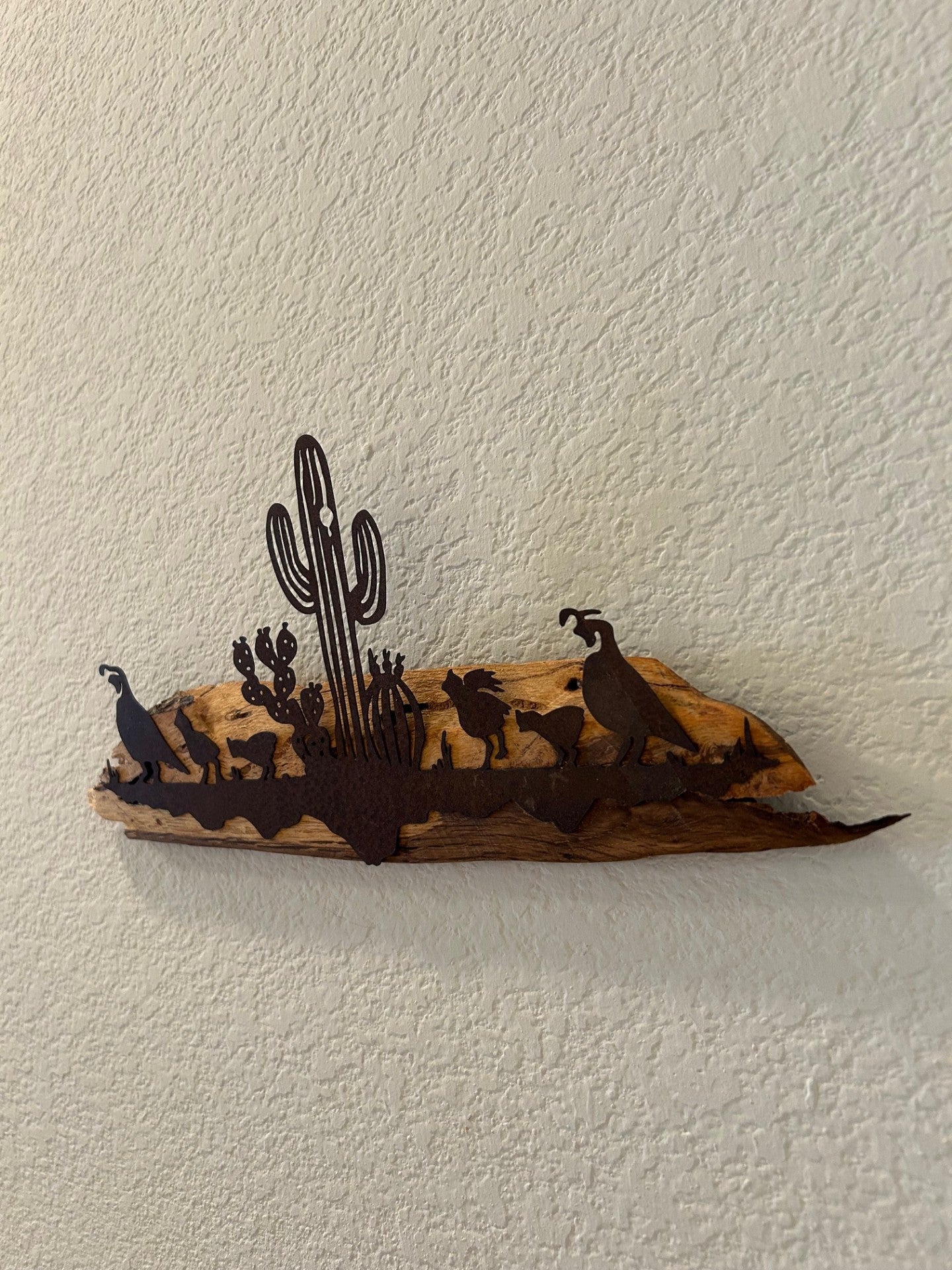 Southwest Quail Scene in Metal on Spalted Pecan