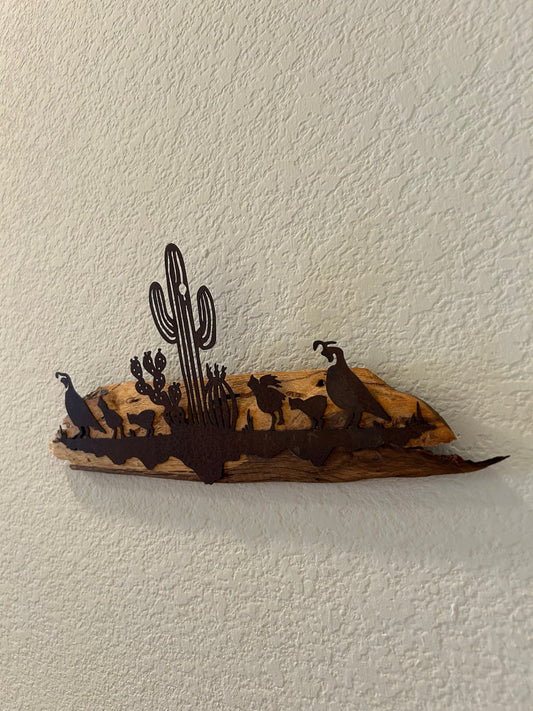 Southwest Quail Scene in Metal on Spalted Pecan