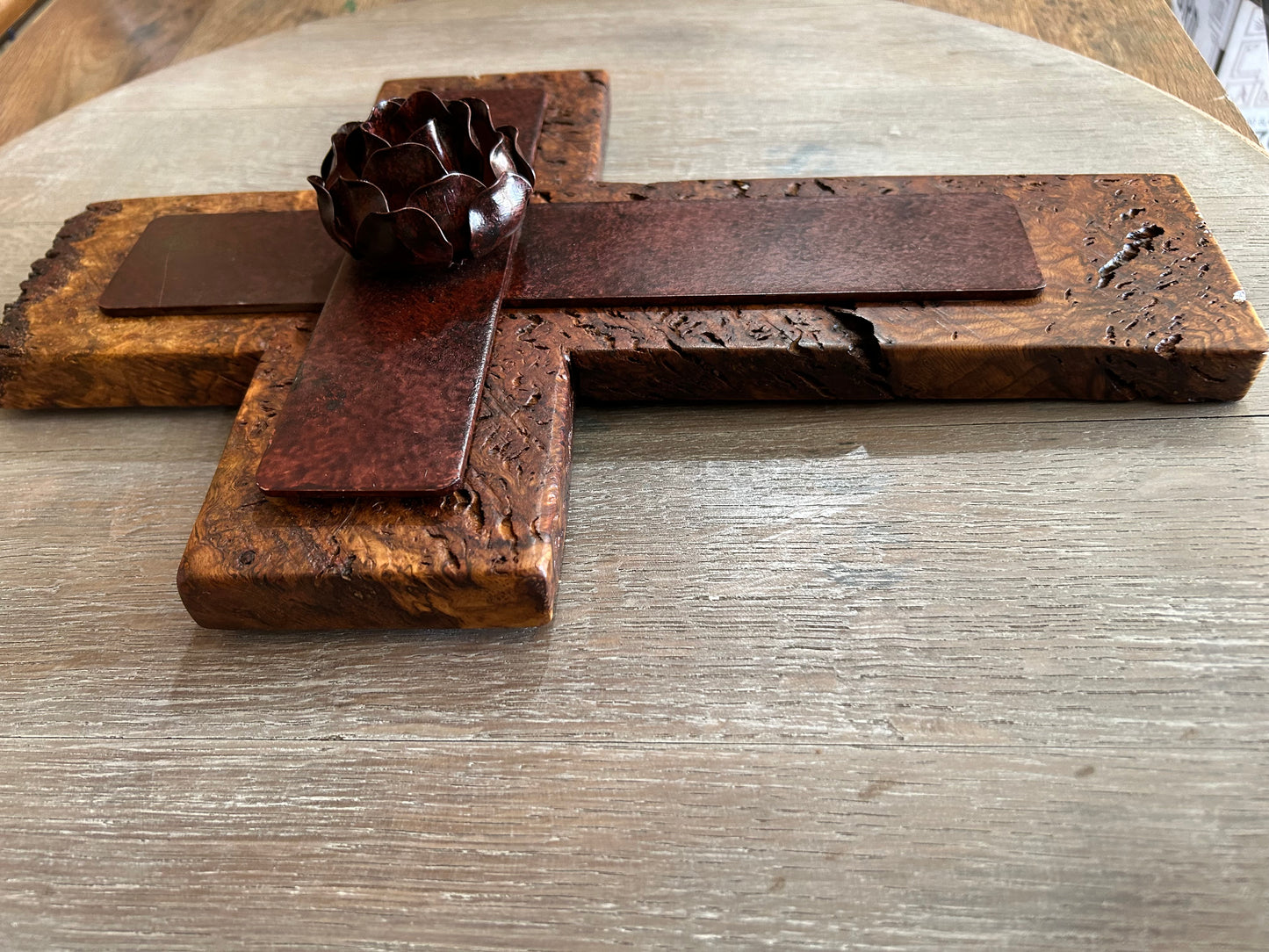 Metal Rose on Spalted Maple Cross