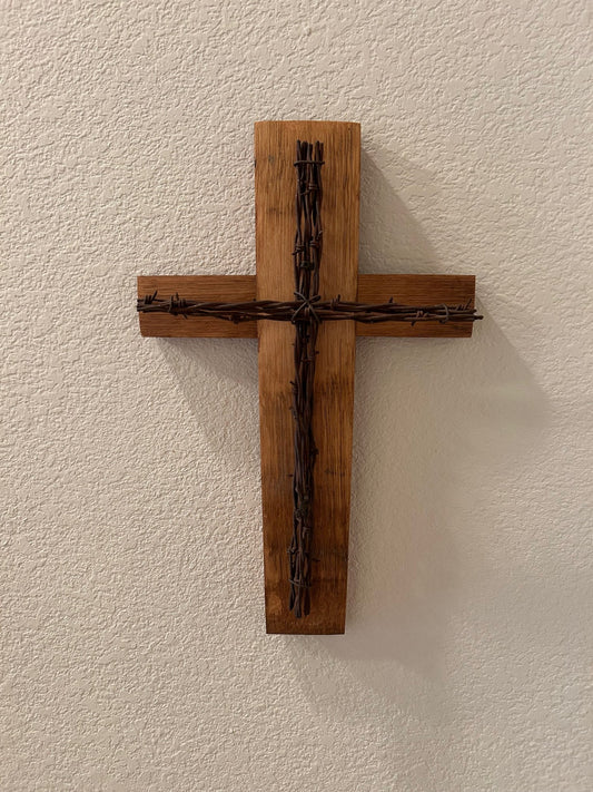 Oak Barrel Stave and Barbed Wire Cross