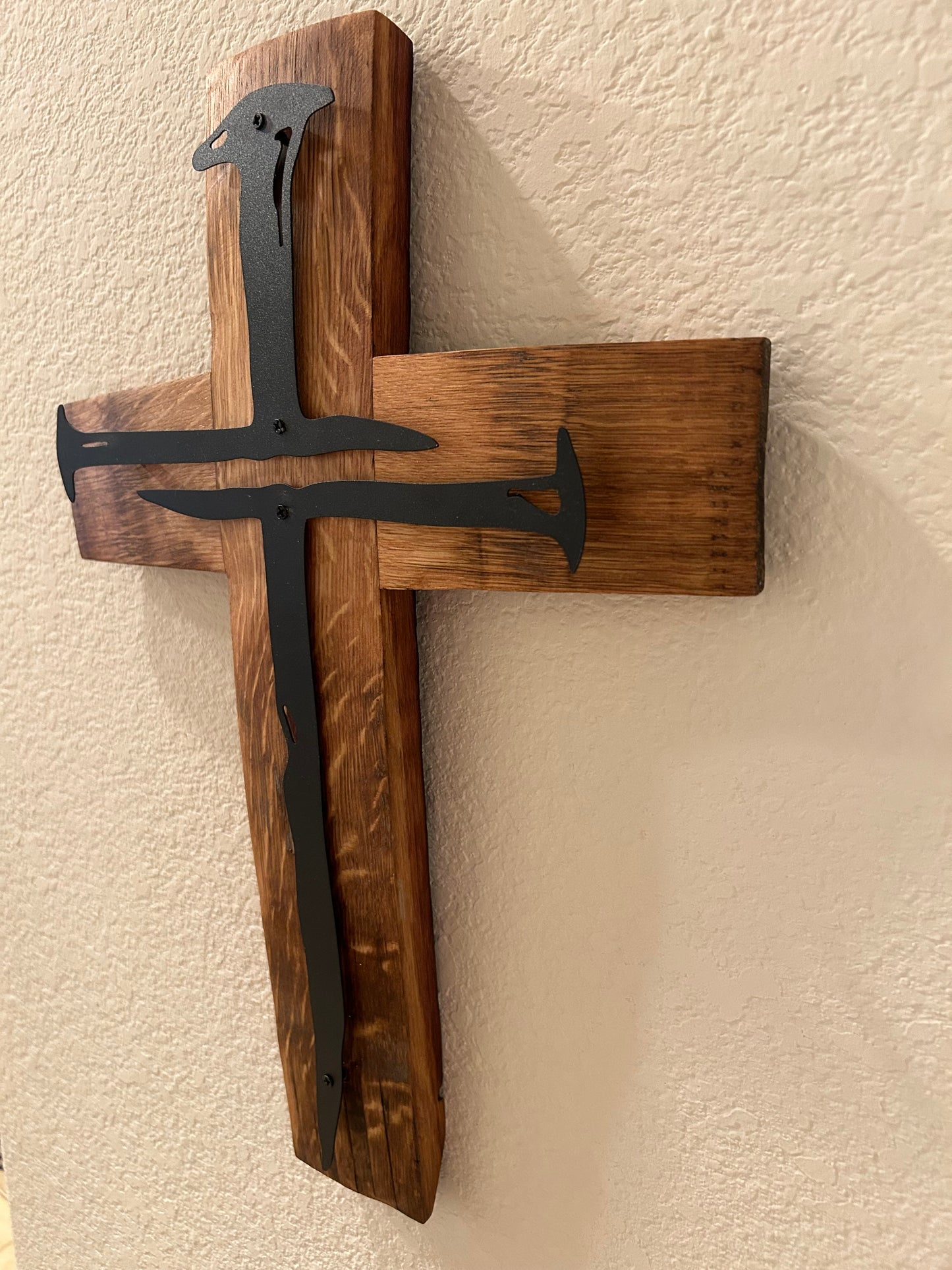 Spiked Metal Cross on Oak Barrel Stave