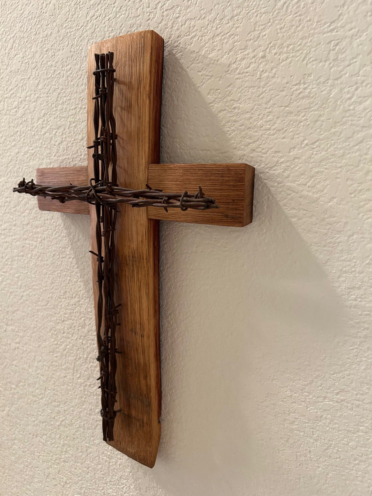 Oak Barrel Stave and Barbed Wire Cross