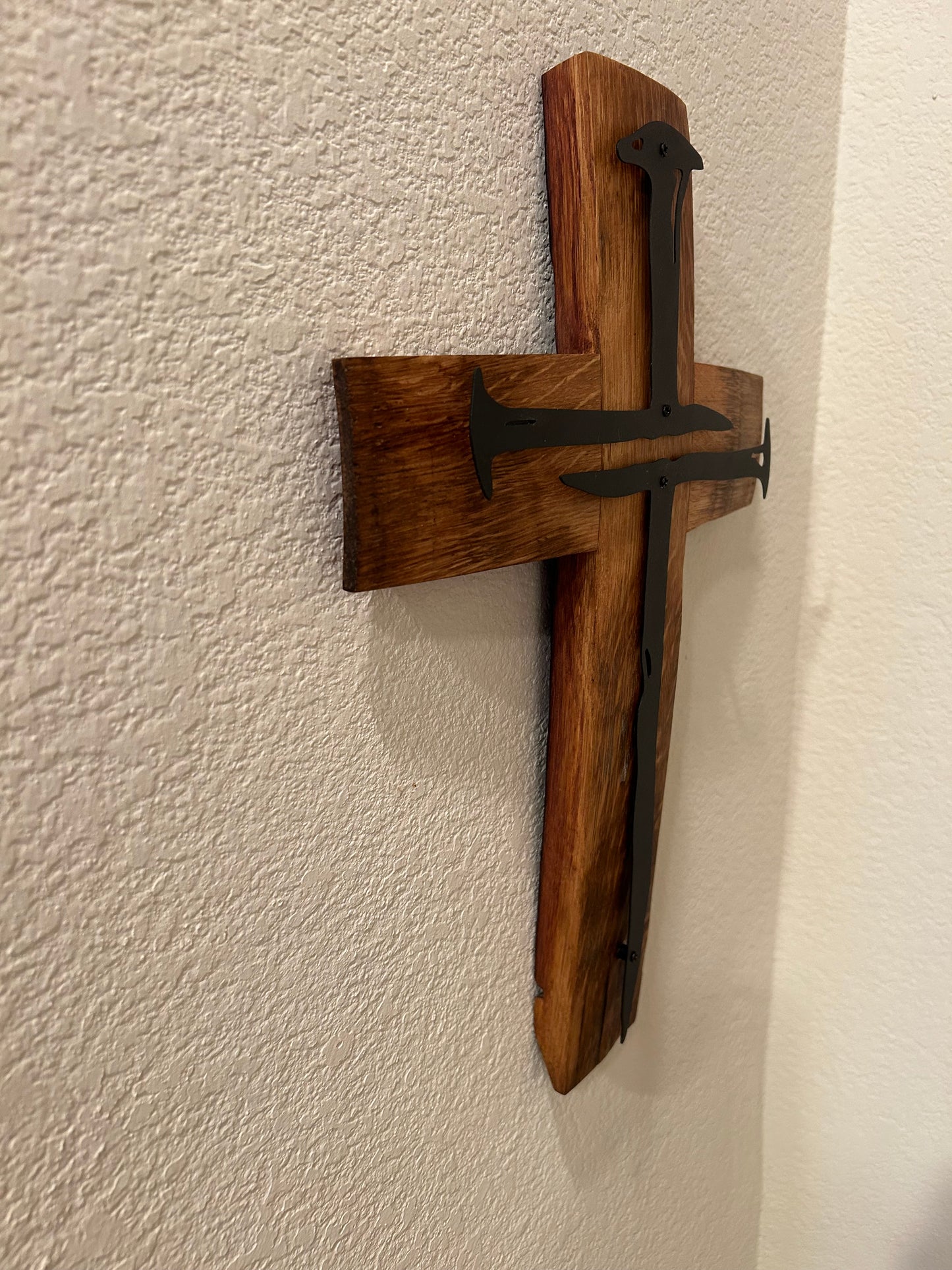 Spiked Metal Cross on Oak Barrel Stave