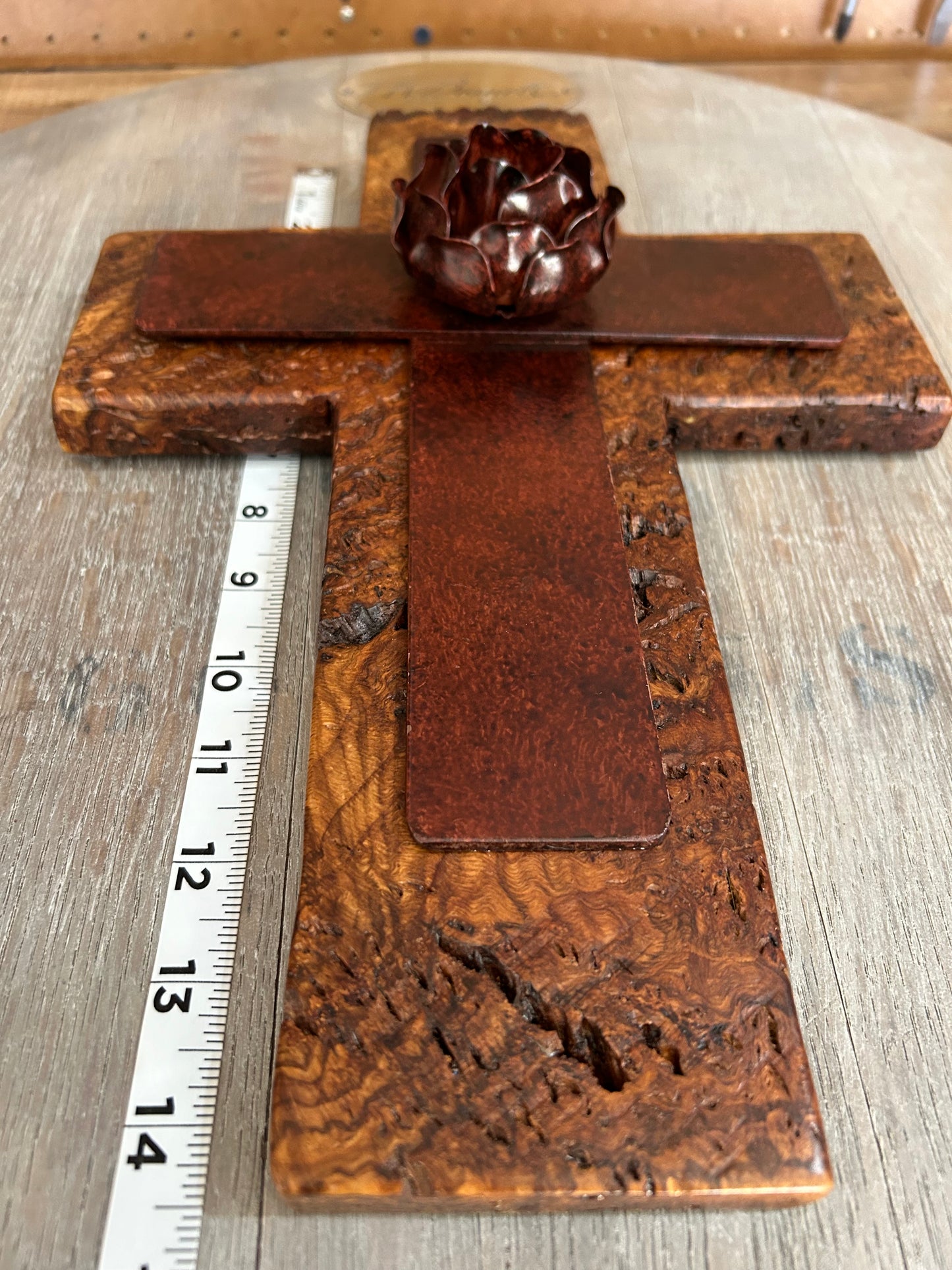 Metal Rose on Spalted Maple Cross