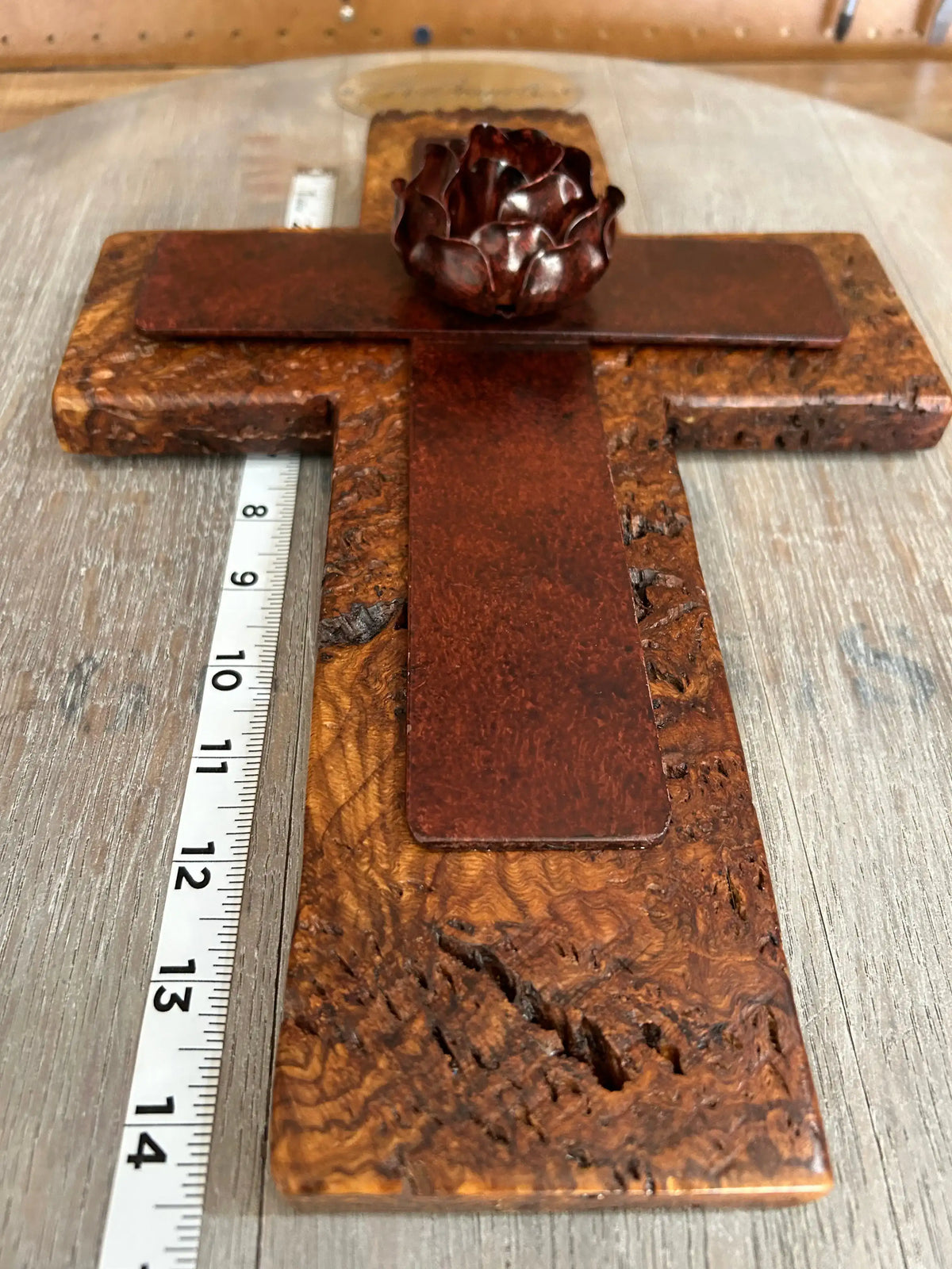 Metal Rose on Spalted Maple Cross