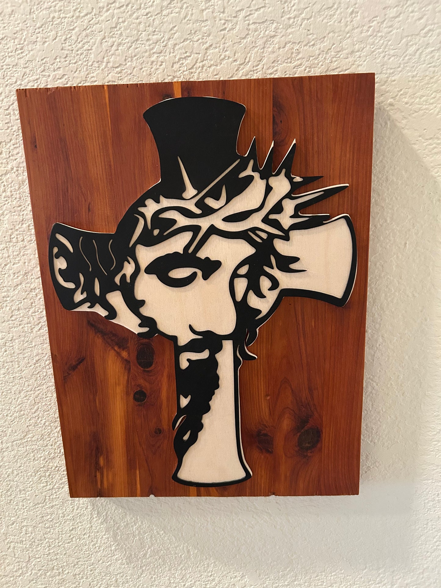 Christ Crucifix in Metal on Beech and Cedar