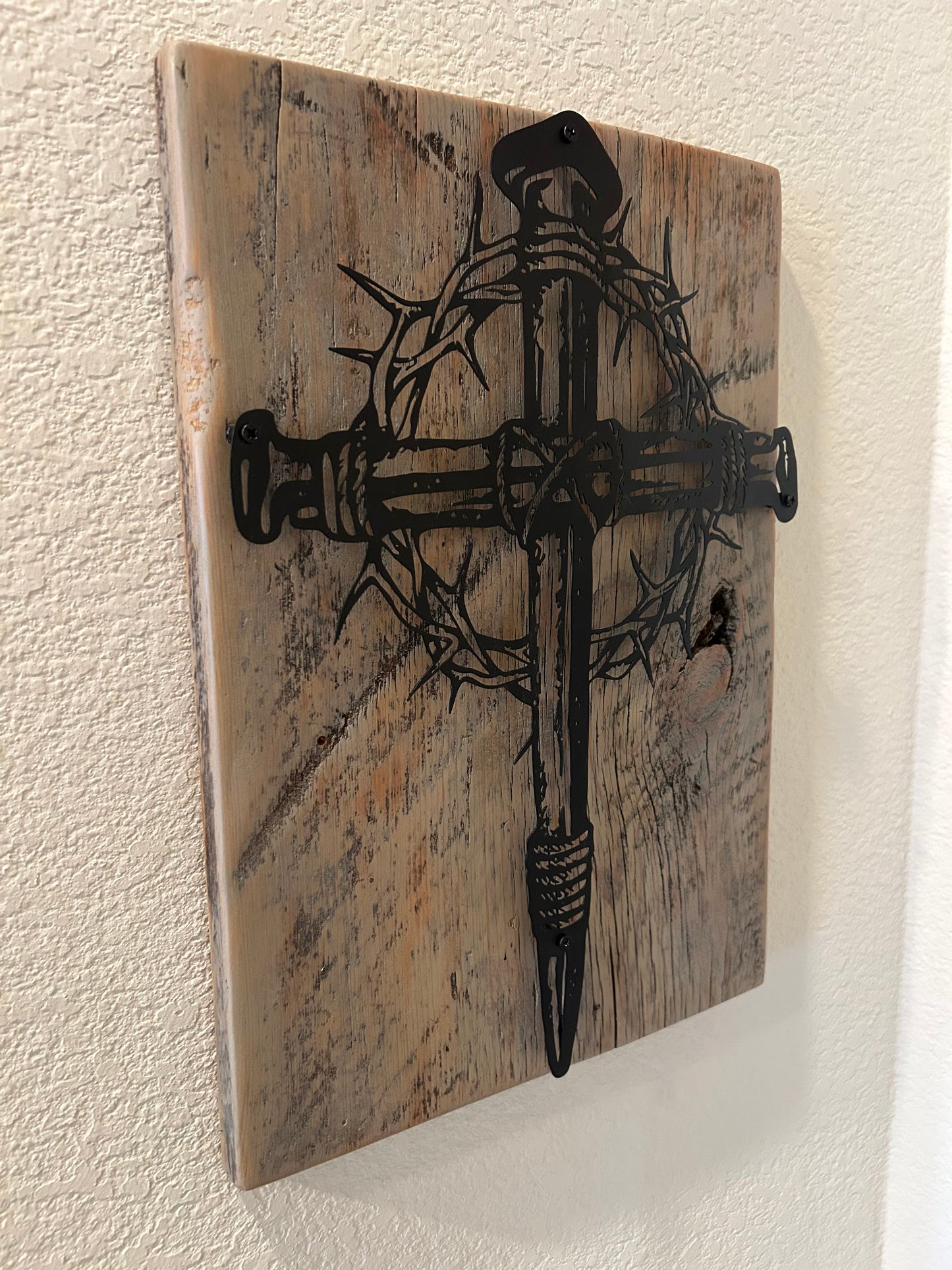 Metal Cross and Crown of Thorns on Reclaimed Texas Barn Wood