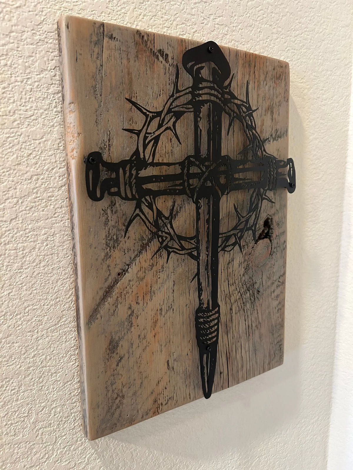 Metal Cross and Crown of Thorns on Reclaimed Texas Barn Wood