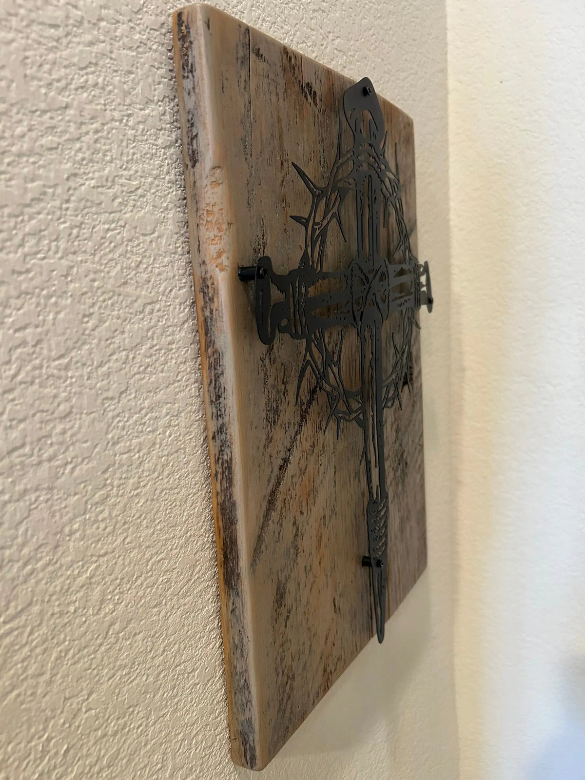 Metal Cross and Crown of Thorns on Reclaimed Texas Barn Wood