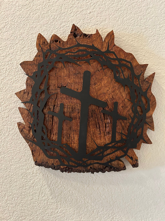 Three Crosses and Crown of Thorns on Spalted Maple