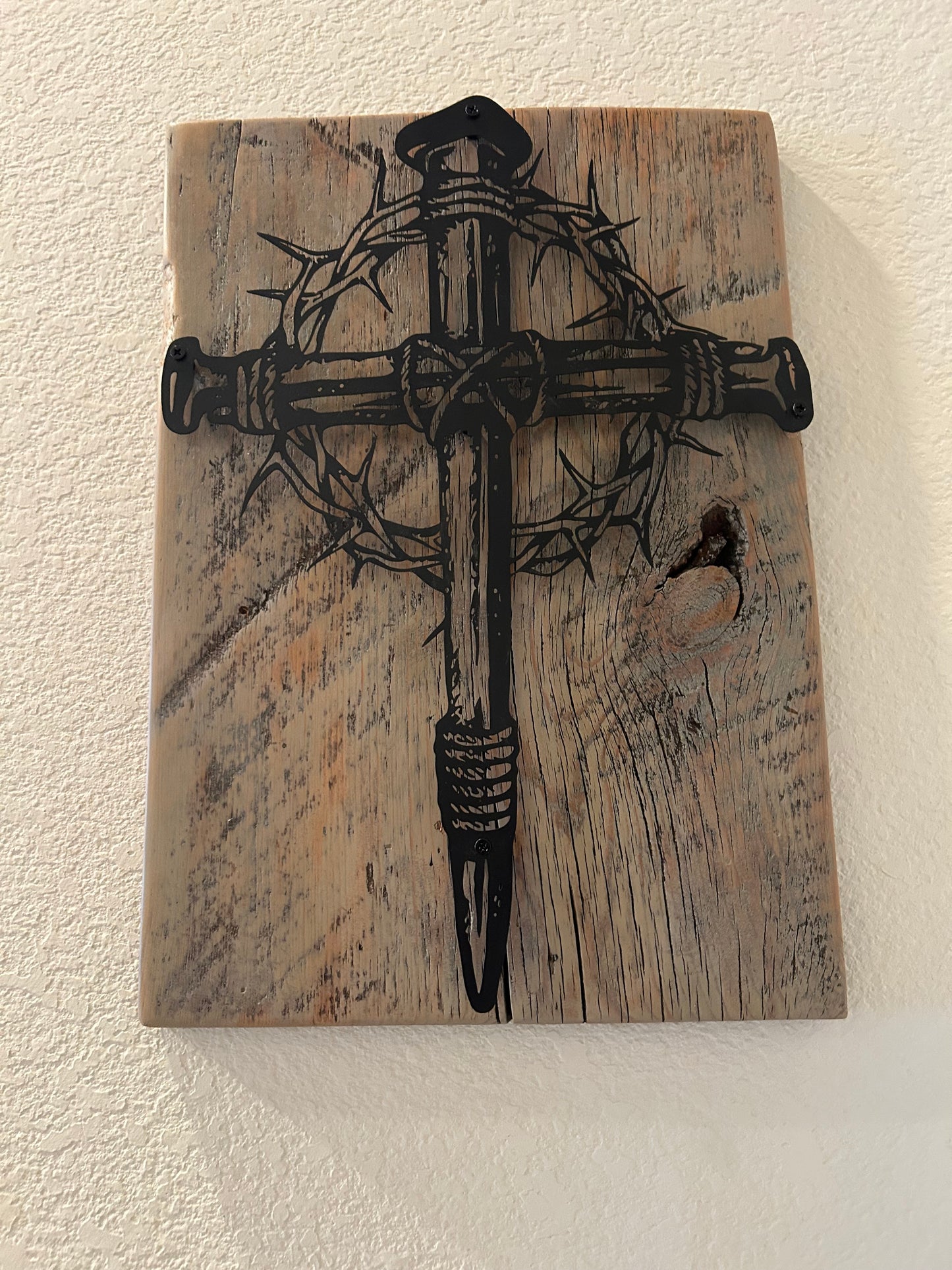 Metal Cross and Crown of Thorns on Reclaimed Texas Barn Wood