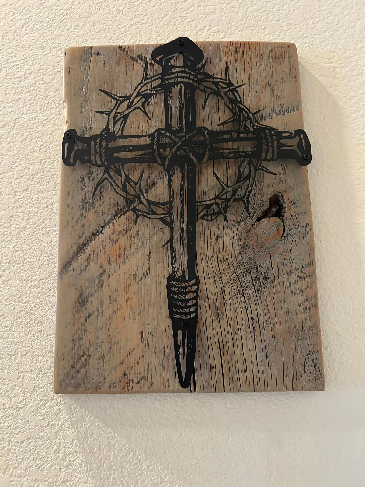 Metal Cross and Crown of Thorns on Reclaimed Texas Barn Wood