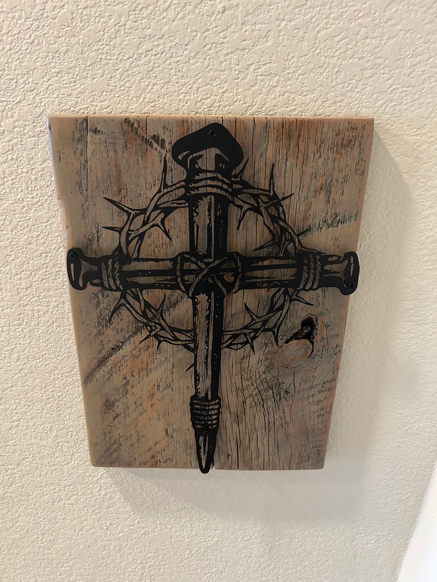 Metal Cross and Crown of Thorns on Reclaimed Texas Barn Wood