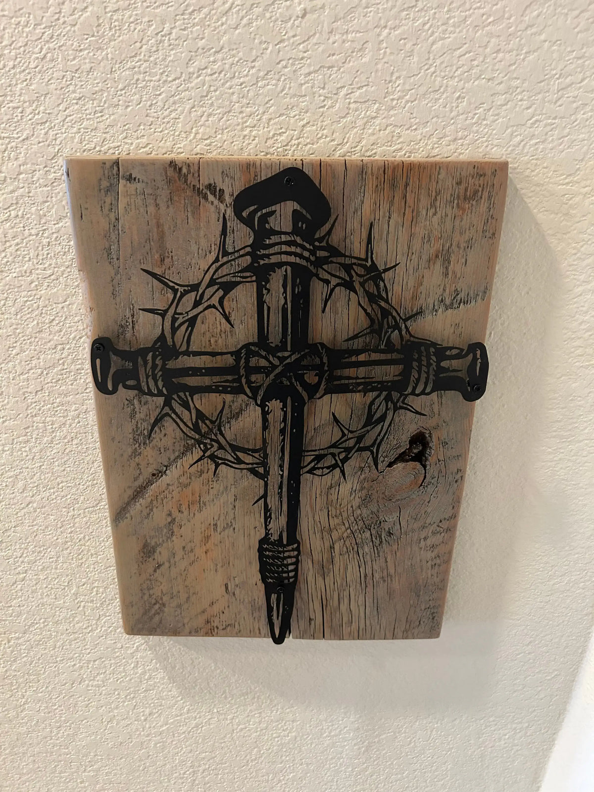 Metal Cross and Crown of Thorns on Reclaimed Texas Barn Wood