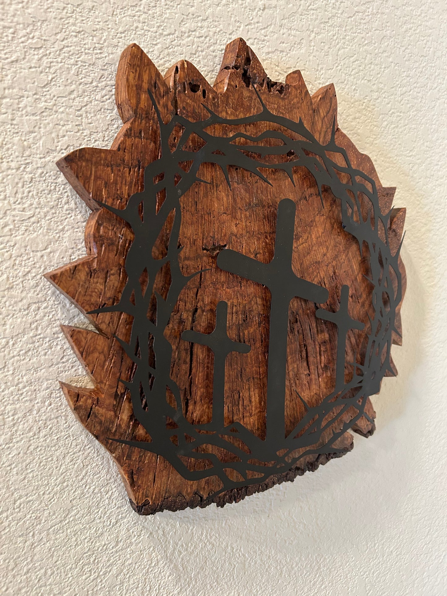 Three Crosses and Crown of Thorns on Spalted Maple