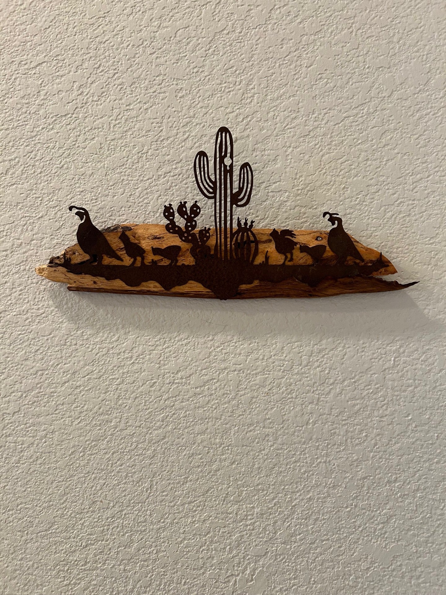 Southwest Quail Scene in Metal on Spalted Pecan