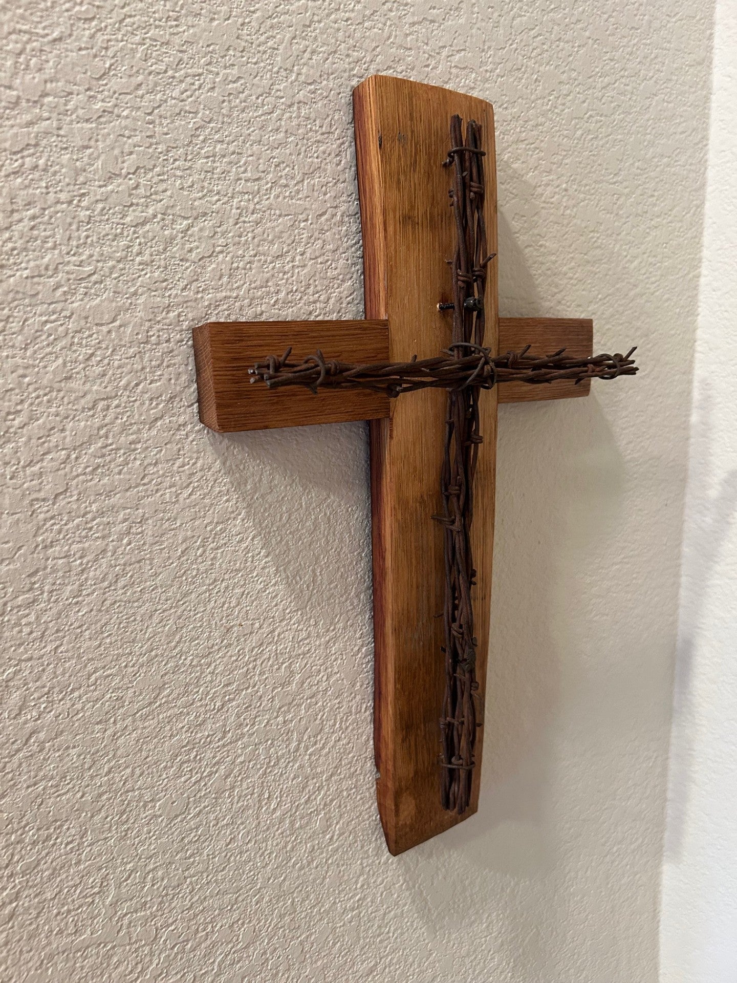 Oak Barrel Stave and Barbed Wire Cross