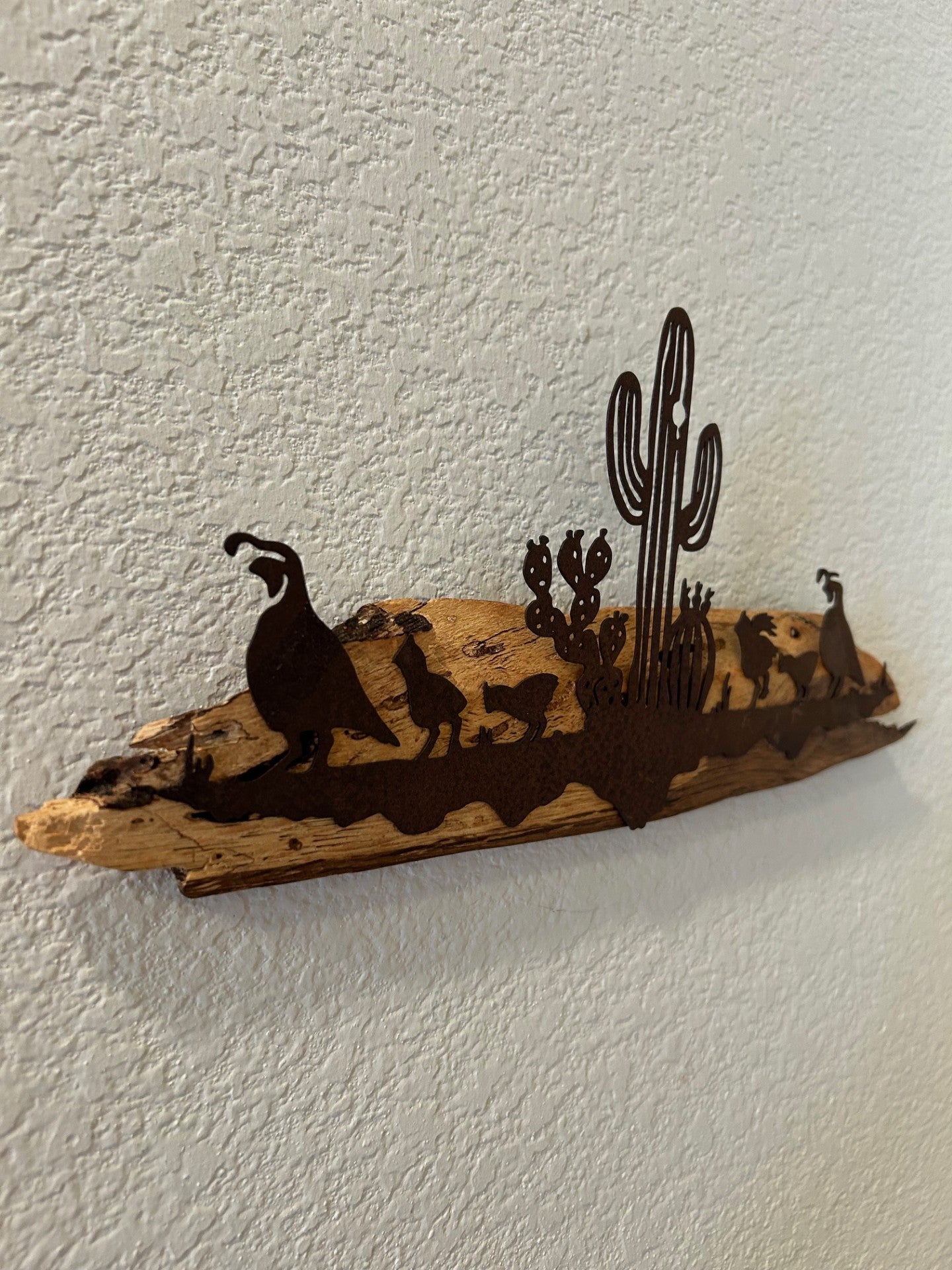 Southwest Quail Scene in Metal on Spalted Pecan