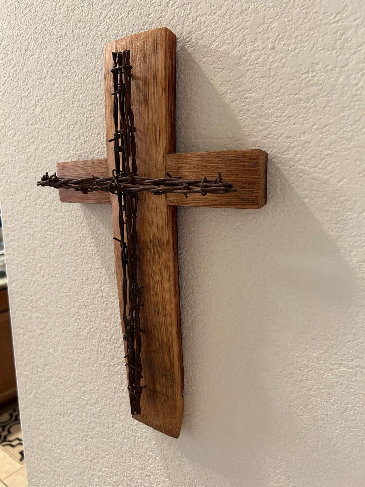 Oak Barrel Stave and Barbed Wire Cross